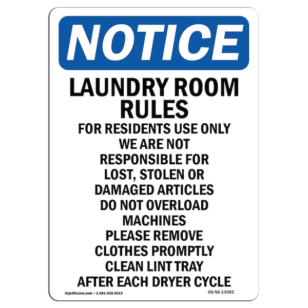Safety Sign, OSHA Notice, 5" Height, Laundry Room Rules For Residents Sign, Portrait, 10PK